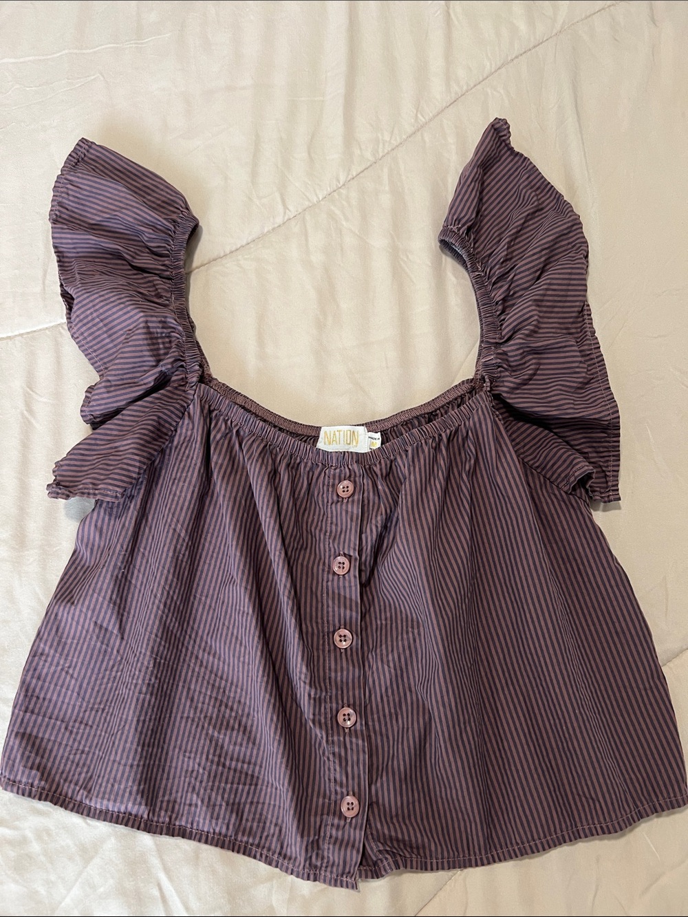 Nation LTD Purple Striped Ruffle Sleeve Button Top